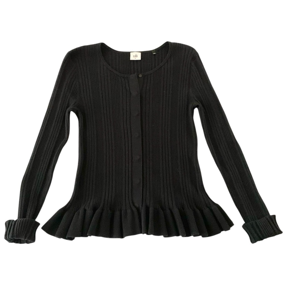 Cabi Cardigan Hidden Snap Ribbed Long Sleeve Ruffled Peplum Hem Sweater